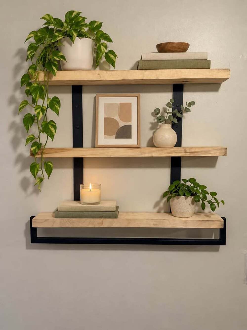 3-Tier Wall Mounted Pine Wood Shelf with Towel Bar – New